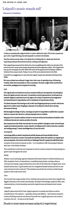 Ravikiran on Lalgudi Jayaraman_The Hindu 24 Apr 2013