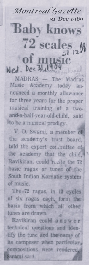 Montreal Gazette Canada on Ravikiran Dec 1969