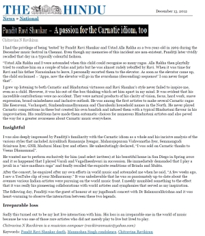 Ravikiran On Pt Ravishankar The Hindu Dec 2012